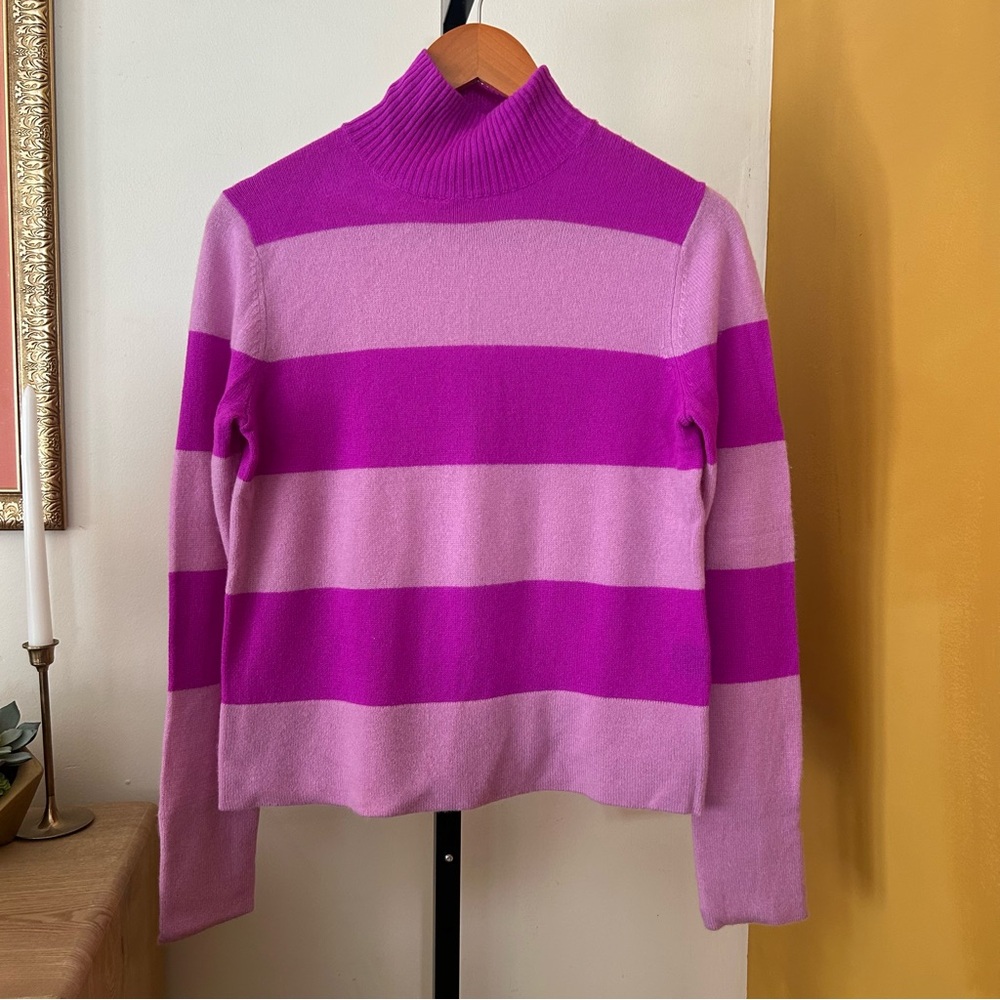 525 America 100% Cashmere Striped Turtleneck Sweater Mockneck Pink Purple Size S